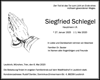 Anzeige von Siegfried Schlegel von Schwäbische Zeitung