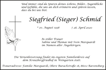 Anzeige von Siegfried  Schmid von Schwäbische Zeitung
