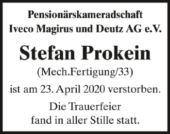 Anzeige von Stefan Prokein von Schwäbische Zeitung