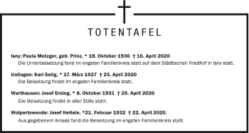 Anzeige von Totentafel vom 05.04.2020 von Schwäbische Zeitung