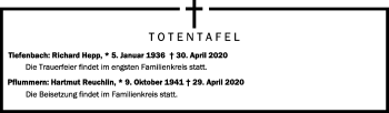 Anzeige von Totentafel vom 05.05.2020 von Schwäbische Zeitung