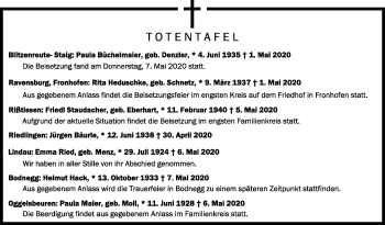 Anzeige von Totentafel vom 05.09.2020 von Schwäbische Zeitung