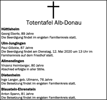 Anzeige von Totentafel vom 05.09.2020 von Schwäbische Zeitung