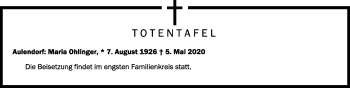 Anzeige von Totentafel vom 07.05.2020 von Schwäbische Zeitung