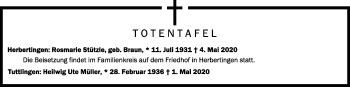 Anzeige von Totentafel vom 08.05.2020 von Schwäbische Zeitung