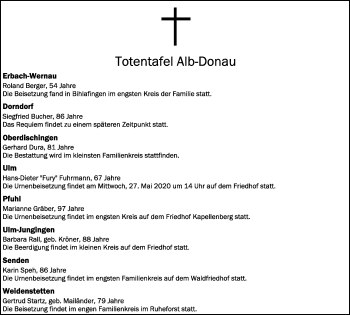 Anzeige von Totentafel vom 08.05.2020 von Schwäbische Zeitung