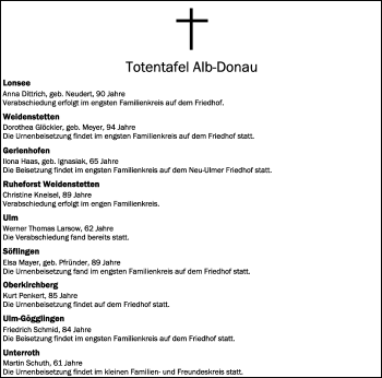 Anzeige von Totentafel vom 12.05.2020 von Schwäbische Zeitung