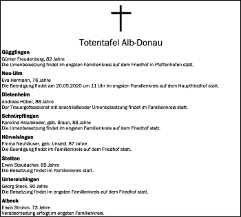 Anzeige von Totentafel vom 15.05.2020 von Schwäbische Zeitung