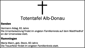 Anzeige von Totentafel vom 16.05.2020 von Schwäbische Zeitung