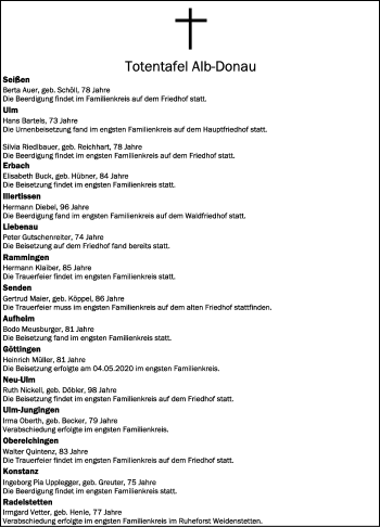 Anzeige von Totentafel vom 19.05.2020 von Schwäbische Zeitung