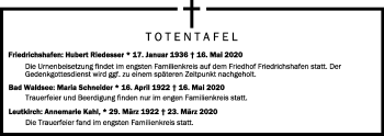 Anzeige von Totentafel vom 20.05.2020 von Schwäbische Zeitung