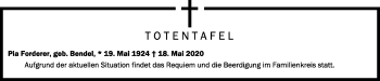 Anzeige von Totentafel vom 22.05.2020 von Schwäbische Zeitung