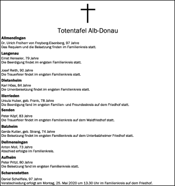 Anzeige von Totentafel vom 23.05.2020 von Schwäbische Zeitung