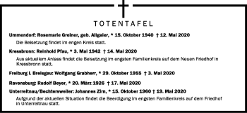 Anzeige von Totentafel vom 23.05.2020 von Schwäbische Zeitung