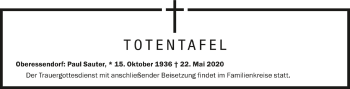 Anzeige von Totentafel vom 25.05.2020 von Schwäbische Zeitung