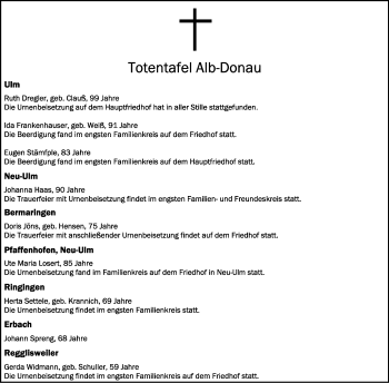 Anzeige von Totentafel vom 26.05.2020 von Schwäbische Zeitung