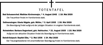 Anzeige von Totentafel vom 26.05.2020 von Schwäbische Zeitung