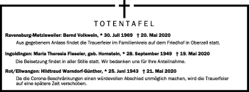 Anzeige von Totentafel vom 27.05.2020 von Schwäbische Zeitung