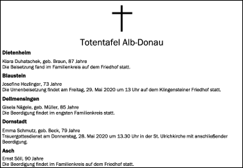 Anzeige von Totentafel vom 27.05.2020 von Schwäbische Zeitung