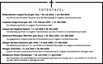 Anzeige von Totentafel vom 30.05.2020 von Schwäbische Zeitung