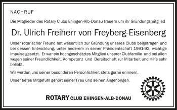 Anzeige von Ulrich Freiherr von Freyberg-Eisenberg von Schwäbische Zeitung