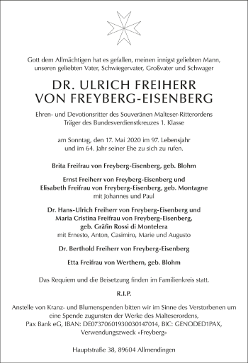 Anzeige von Ulrich Freiherr von Freyberg-Eisenberg von Schwäbische Zeitung