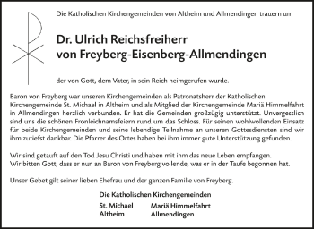 Anzeige von Ulrich Reichsfreiherr von Freyberg-Eisenberg-Allmendingen von Schwäbische Zeitung