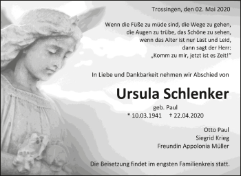 Anzeige von Ursula Schlenker von Schwäbische Zeitung