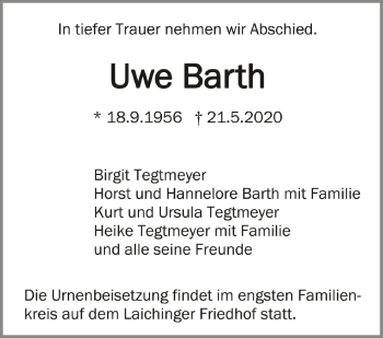 Anzeige von Uwe Barth von Schwäbische Zeitung