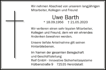 Anzeige von Uwe Barth von Schwäbische Zeitung