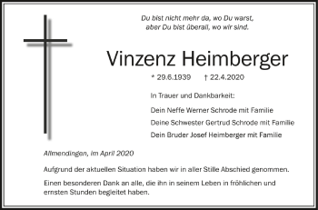 Anzeige von Vinzenz Heimberger von Schwäbische Zeitung