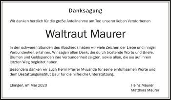 Anzeige von Waltraut Maurer von Schwäbische Zeitung