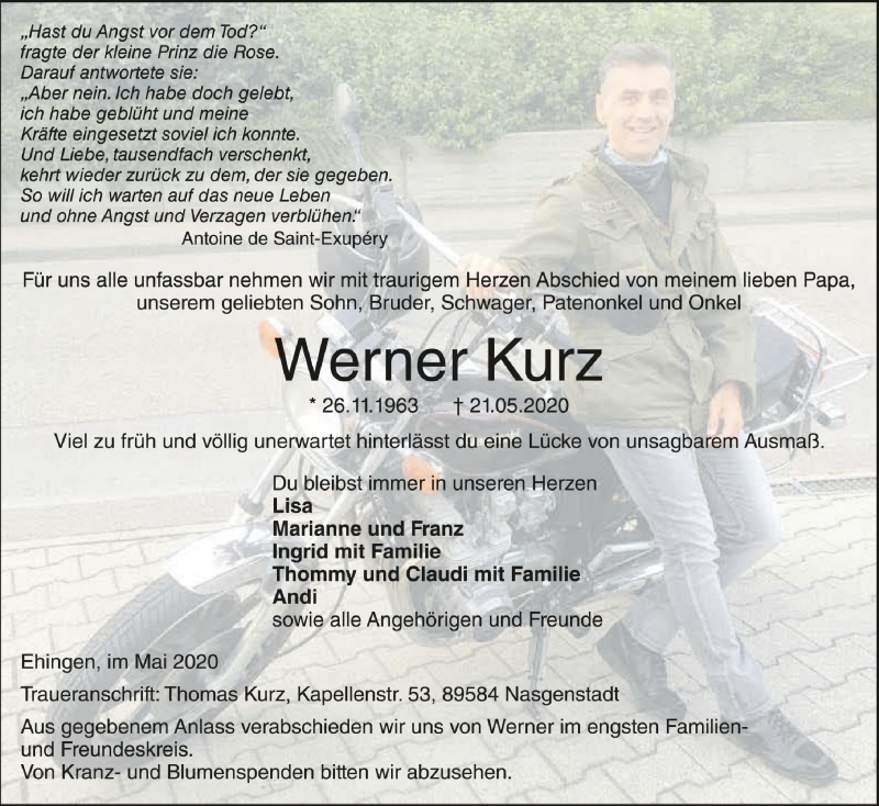  Traueranzeige für Werner Kurz vom 27.05.2020 aus Schwäbische Zeitung