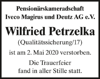 Anzeige von Wilfried Petrzelka von Schwäbische Zeitung