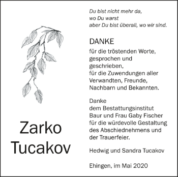 Anzeige von Zarko Tucakov von Schwäbische Zeitung