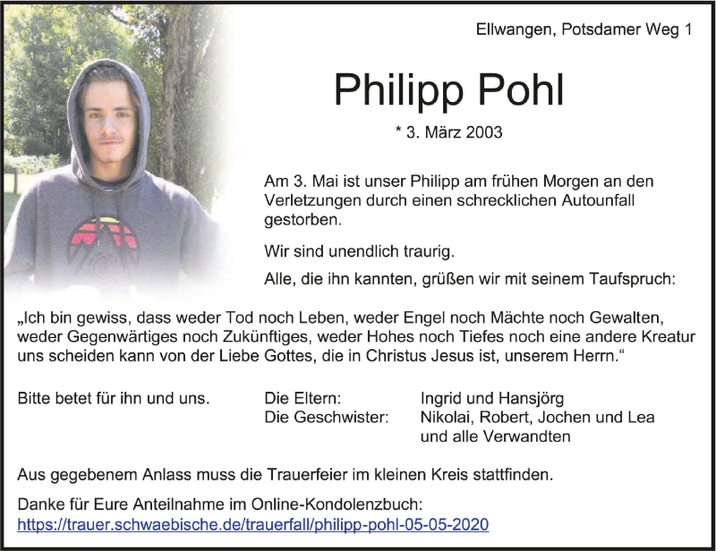  Traueranzeige für Philipp Ruwen Pohl vom 06.05.2020 aus Ipf- und Jagst Zeitung
