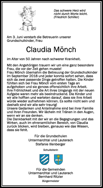 Anzeige von Claudia Mönch von Schwäbische Zeitung