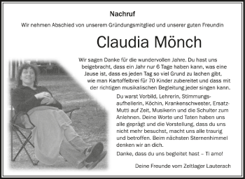 Anzeige von Claudia Mönch von Schwäbische Zeitung