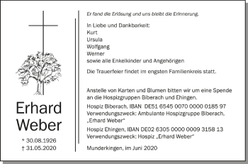 Anzeige von Erhard Weber von Schwäbische Zeitung