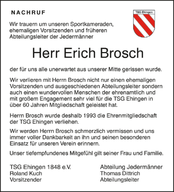 Anzeige von Erich Brosch von Schwäbische Zeitung