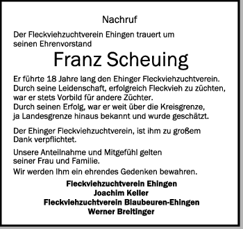 Anzeige von Franz Scheuing von Schwäbische Zeitung