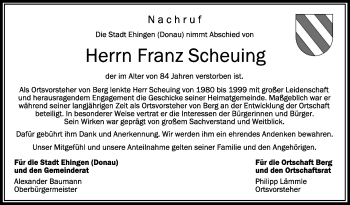 Anzeige von Franz Scheuing von Schwäbische Zeitung