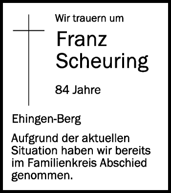 Anzeige von Franz Scheuring von Schwäbische Zeitung