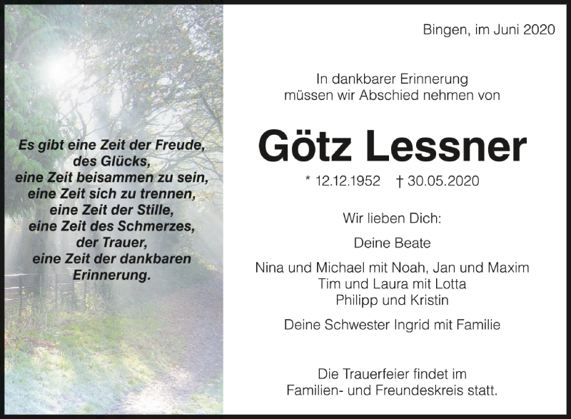  Traueranzeige für Götz Lessner vom 06.06.2020 aus Schwäbische Zeitung