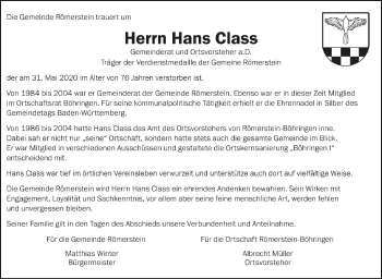 Anzeige von Hans Class von Schwäbische Zeitung