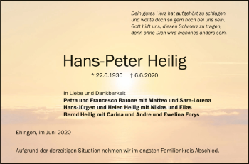 Anzeige von Hans-Peter Heilig von Schwäbische Zeitung