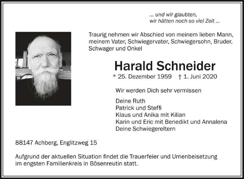  Traueranzeige für Harald Schneider vom 04.06.2020 aus Schwäbische Zeitung