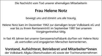 Anzeige von Helene Notz von Schwäbische Zeitung