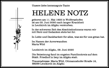 Anzeige von Helene Notz von Schwäbische Zeitung