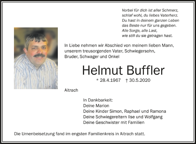 Traueranzeige für Helmut Buffler vom 05.06.2020 aus Schwäbische Zeitung